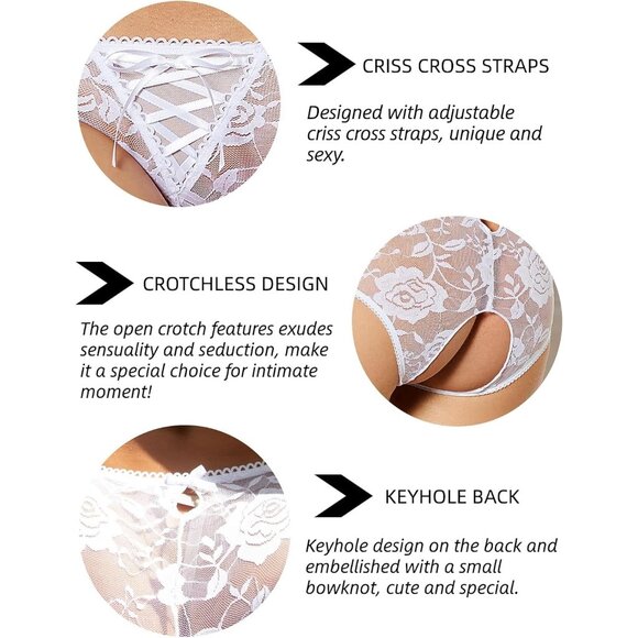 Women's White Lace Short Crotchless Sexy Panties Crisscross Strappy Underwear - Picture 4 of 7